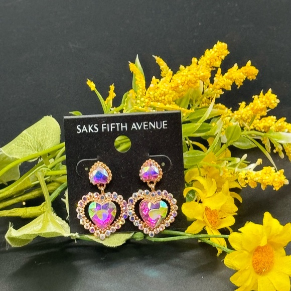 Elegant Saks Fifth Avenue AB Heart Crystal Post With Drop Crystal Heart Ear - Picture 6 of 9